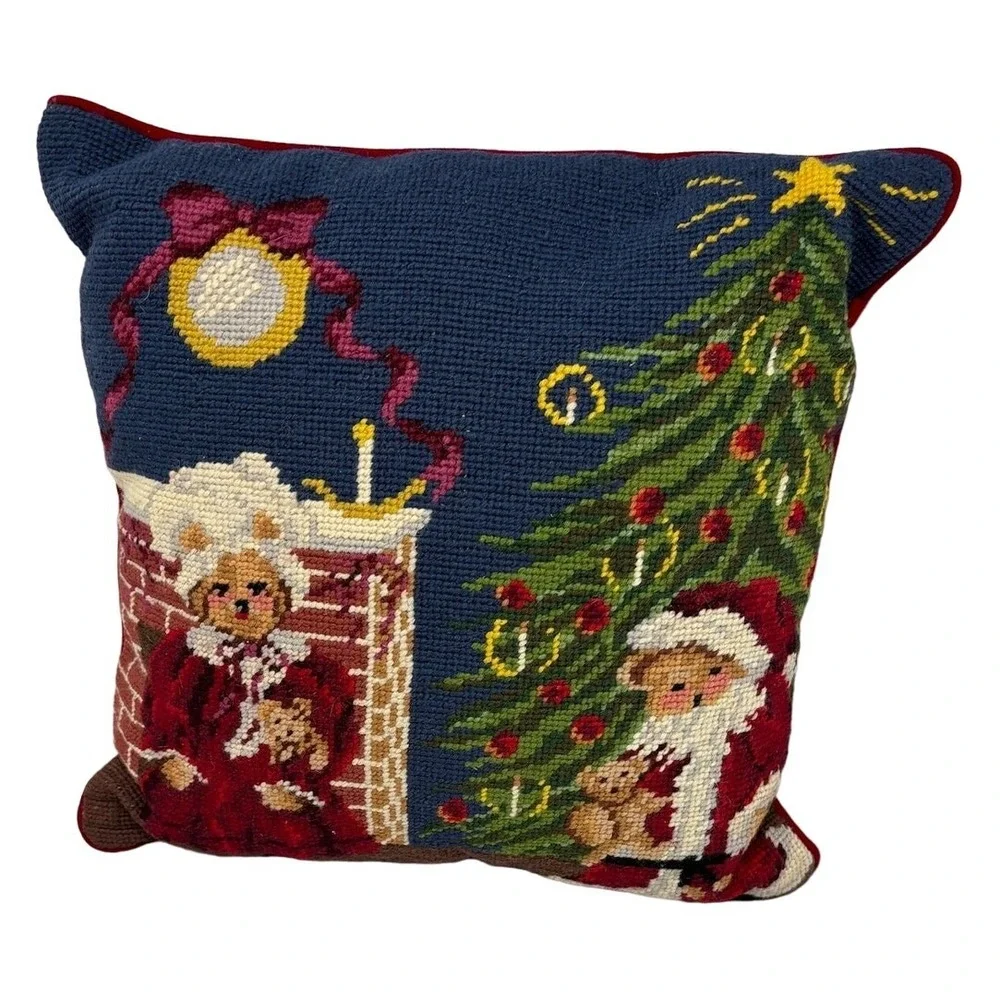Wool Needlepoint Christmas Teddy Bears Pillow Velvet Back Square